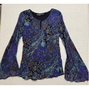 VTG Nostalgia Purple Paisley Sequin Bell Sleeve Blouse Womens Medium Boho Top